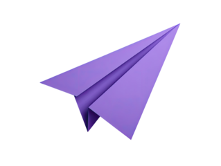 A vibrant purple paper airplane, crisply folded, appears to be in flight against a black background, showcasing a sense of lightness and movement