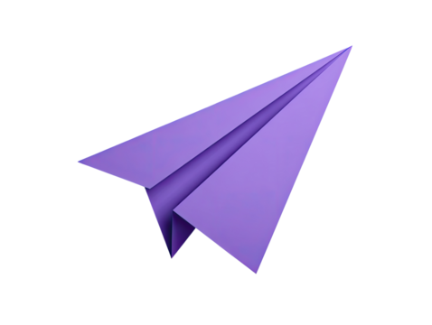 A vibrant purple paper airplane, crisply folded, appears to be in flight against a black background, showcasing a sense of lightness and movement