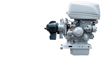 High-Resolution Vertical View of Modern Outboard Engine on White Background for Marine Equipment and Technology Use