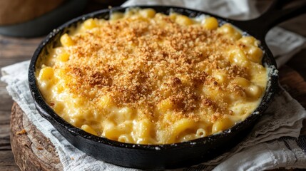 Creamy baked mac and cheese with breadcrumbs in a cast iron skillet.