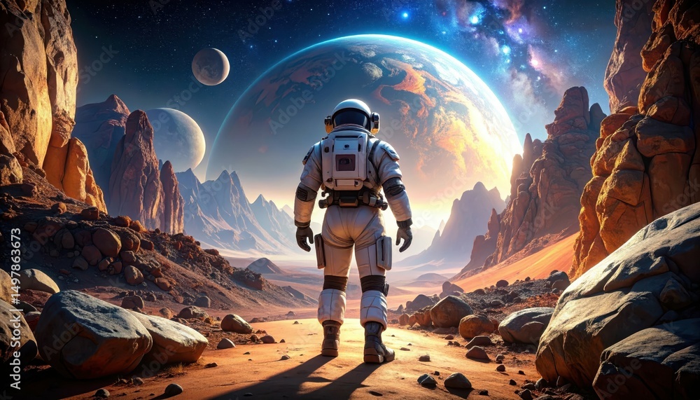 Poster astronaut in advanced space armor exploring alien planet landscape