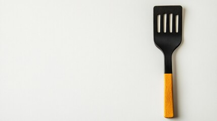 Black kitchen spatula with wooden handle on a clean white background for culinary purposes and food preparation
