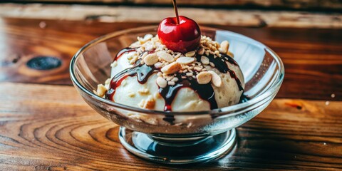 A decadent ice cream sundae with chocolate sauce, peanuts, and a cherry on top, served in a glass dish on a wooden table