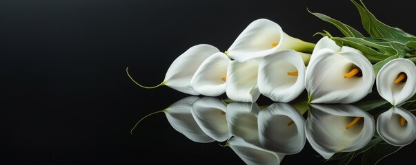 Calla Lily Reflection Dark Background, Close-up Composition, Elegant Still Life, White Flowers, Floral Photography Calla Lily, Still Life Photography