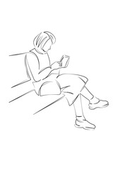 One continuous single drawing line art flat doodle book, lifestyle, reading, sitting, female, bench, outdoors, retirement. Isolated image hand draw contour on a white background, hand drawn, not AI