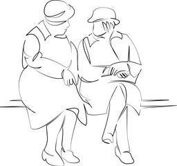 One continuous single drawing line art flat doodle woman, sitting, friendship, retirement, talking, bench, elderly. Isolated image hand draw contour on a white background, hand drawn, not AI
