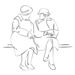 One continuous single drawing line art flat doodle woman, sitting, friendship, retirement, talking, bench, elderly. Isolated image hand draw contour on a white background, hand drawn, not AI