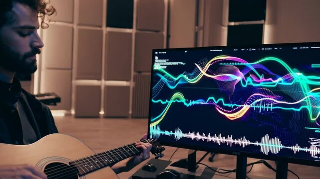 Modern Studio Scene with AI Music Production and Guitar Performance