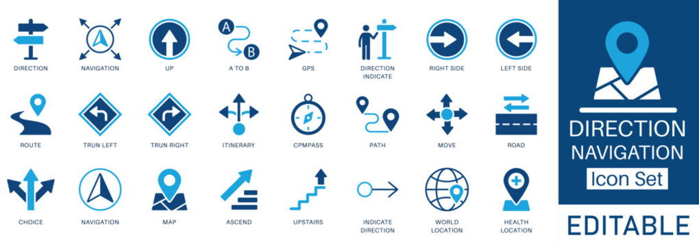 Location icon set. Containing map, map pin, gps, destination, directions, distance, place, and address icons. solid vector icon for travel apps, navigation systems, and location based services.