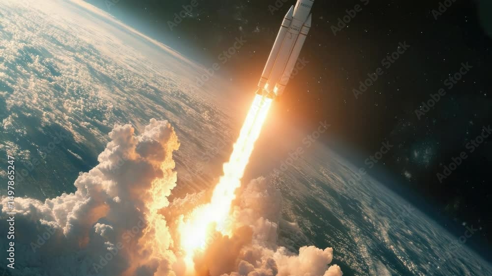 Poster A rocket soaring through space with the curved shape of the Earth visible below