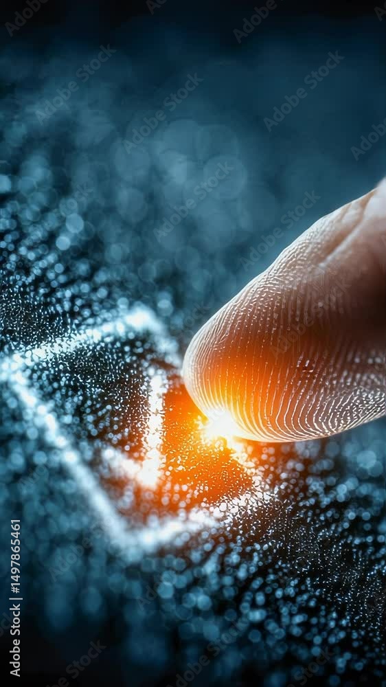 Poster close-up of a finger pressing a digital glowing checkmark button, symbolizing validation or approval