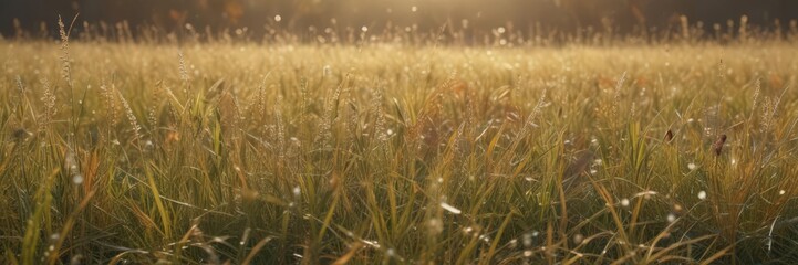 Fototapeta premium Soft light bathes abstract autumn meadow, dew-kissed grasses glow , grass, background, blur