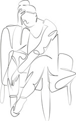One continuous single drawing line art flat doodle chair, contemplation, sitting, female, lifestyle, sadness. Isolated image hand draw contour on a white background, hand drawn, not AI