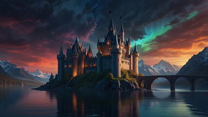 Royal Bridge of Twin Castles at Sunset and Aurora
