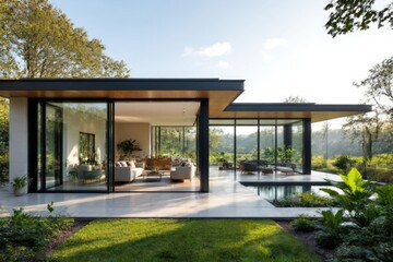 Fototapeta premium Modern house with orangery installation, renovation, large sliding glass door, lush garden, tranquil pond. Concept of orangery installation enhancing contemporary living space.