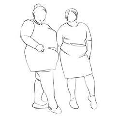 One continuous single drawing line art flat doodle woman, friend, lifestyle, overweight, fat, body, female. Isolated image hand draw contour on a white background, hand drawn, not AI