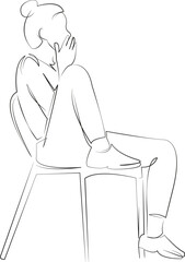 One continuous single drawing line art flat doodle chair, female, woman, sitting, adult, young, lifestyle, girl. Isolated image hand draw contour on a white background, hand drawn, not AI