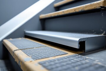 Stairs showcasing stair nosing replacement and renovation, with wooden steps and carpet tile treads. Concept of stair nosing replacement enhancing safety and aesthetics.