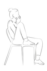 One continuous single drawing line art flat doodle chair, female, woman, sitting, adult, young, lifestyle, girl. Isolated image hand draw contour on a white background, hand drawn, not AI