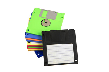 Colorful stack of vintage floppy disks isolated on transparent background.