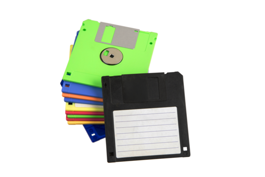 Colorful stack of vintage floppy disks isolated on transparent background.