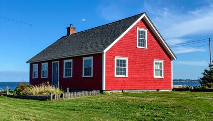 Obraz premium Vibrant Red Fisherman's Cottage Near the Coastal Landscape
