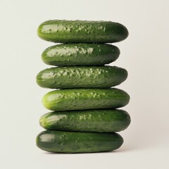 Vertically stacked cucumbers create a neat tower against a plain backdrop showcasing fresh vegetables