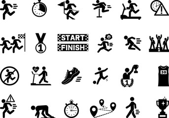 Black Running Icon Set. Vector Illustrations Race, Trophy, Sprint, Distance, Hurdles, Finish, Start, Running Shirt, Sneakers, Competition, Walking, Winner, and More
