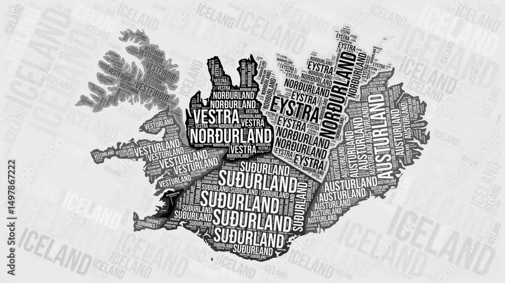 Poster iceland animation. visual effect of iceland regions appearing in black and white word clouds style. 