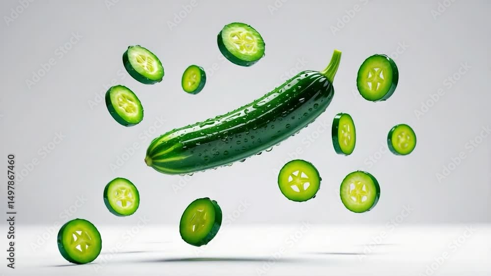 Poster cucumber in flight with water droplets and sliced segments.