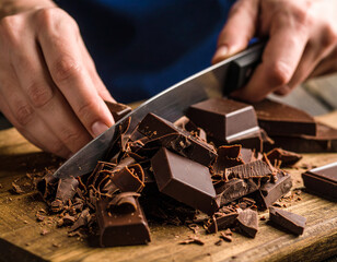 Rich dark chocolate is being shaved with a knife, creating delicate curls for a dessert topping.