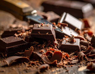 Rich dark chocolate is being shaved with a knife, creating delicate curls for a dessert topping.