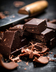 Rich dark chocolate is being shaved with a knife, creating delicate curls for a dessert topping.