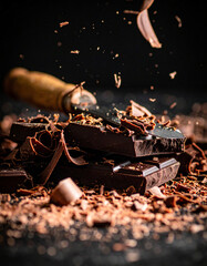 Rich dark chocolate is being shaved with a knife, creating delicate curls for a dessert topping.