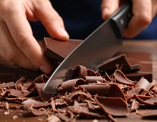 Rich dark chocolate is being shaved with a knife, creating delicate curls for a dessert topping.