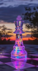 A vibrant, iridescent glass chess king glows against a sunset backdrop