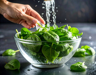 Fresh green spinach leaves are being washed in a clear glass bowl filled with clean water, for a...