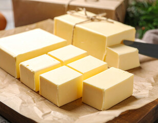 Fototapeta premium Creamy white butter is being cubed with a knife on a parchment-lined tray, ready for baking.