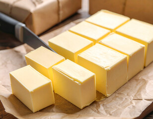 Creamy white butter is being cubed with a knife on a parchment-lined tray, ready for baking.