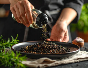 Crushed black peppercorns are being sprinkled over a dish from a glass grinder, adding spice.