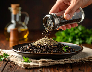 Crushed black peppercorns are being sprinkled over a dish from a glass grinder, adding spice.