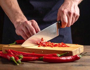 Fresh red chili peppers are being chopped with a cleaver on a wooden block, adding heat.