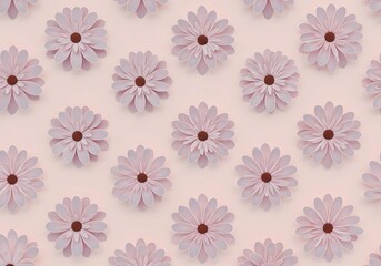 Seamless Pattern of Pink Paper Daisy Flowers on Light Pastel Background