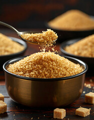Golden brown sugar is being spooned into a mixing bowl, preparing for a sweet recipe.