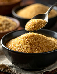 Golden brown sugar is being spooned into a mixing bowl, preparing for a sweet recipe.