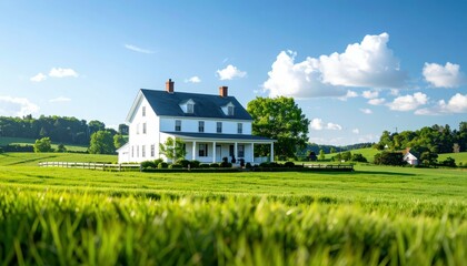 Classic White Farmhouse Surrounded by Green Fields on a Sunny Day
