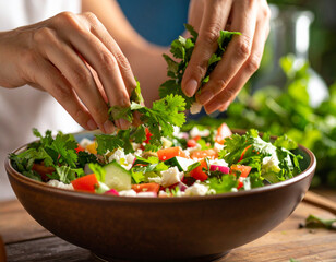Fresh green cilantro leaves are being torn by hand over a colorful salad, adding herbal notes.