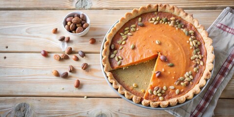 A Rustic Pumpkin Pie with a Flaky Crust, Adorned with Toasted Pumpkin Seeds and a Single Missing Slice, Resting on a Wooden Table