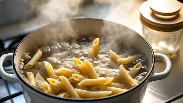 Crafting appetizing pasta in a pot on the stove, bird's-eye view