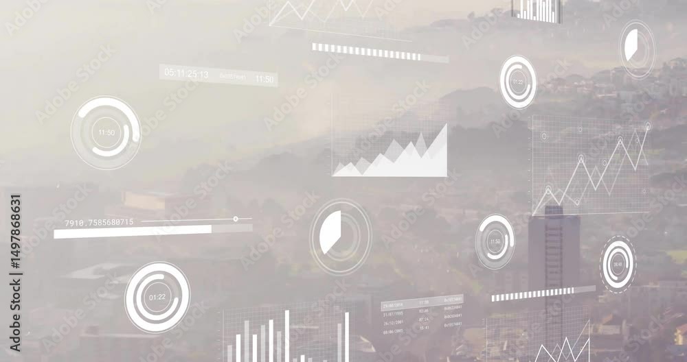 Poster dashboard emerging over hazy city skyline, gauges and charts animating to display real-time data